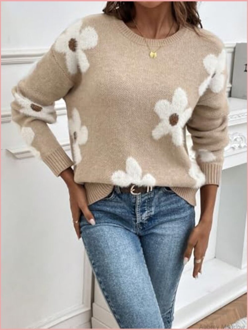 Women's Floral Crewneck Long Sleeve Drop Shoulder Pullover Sweater - Picture 5 of 7